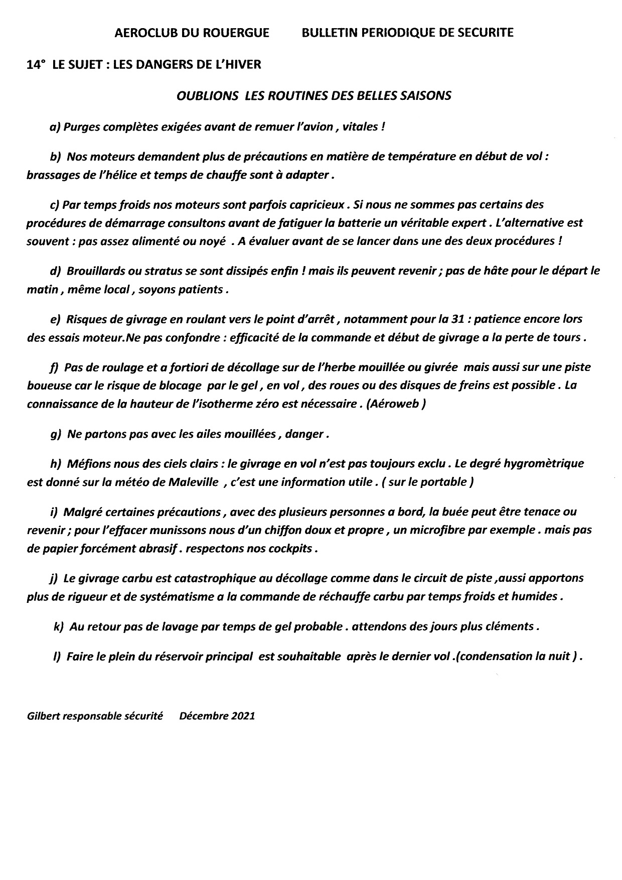 Bulletin périodique de sécurité - 014 - Les Dangers de l'hiver - Décembre 2021
